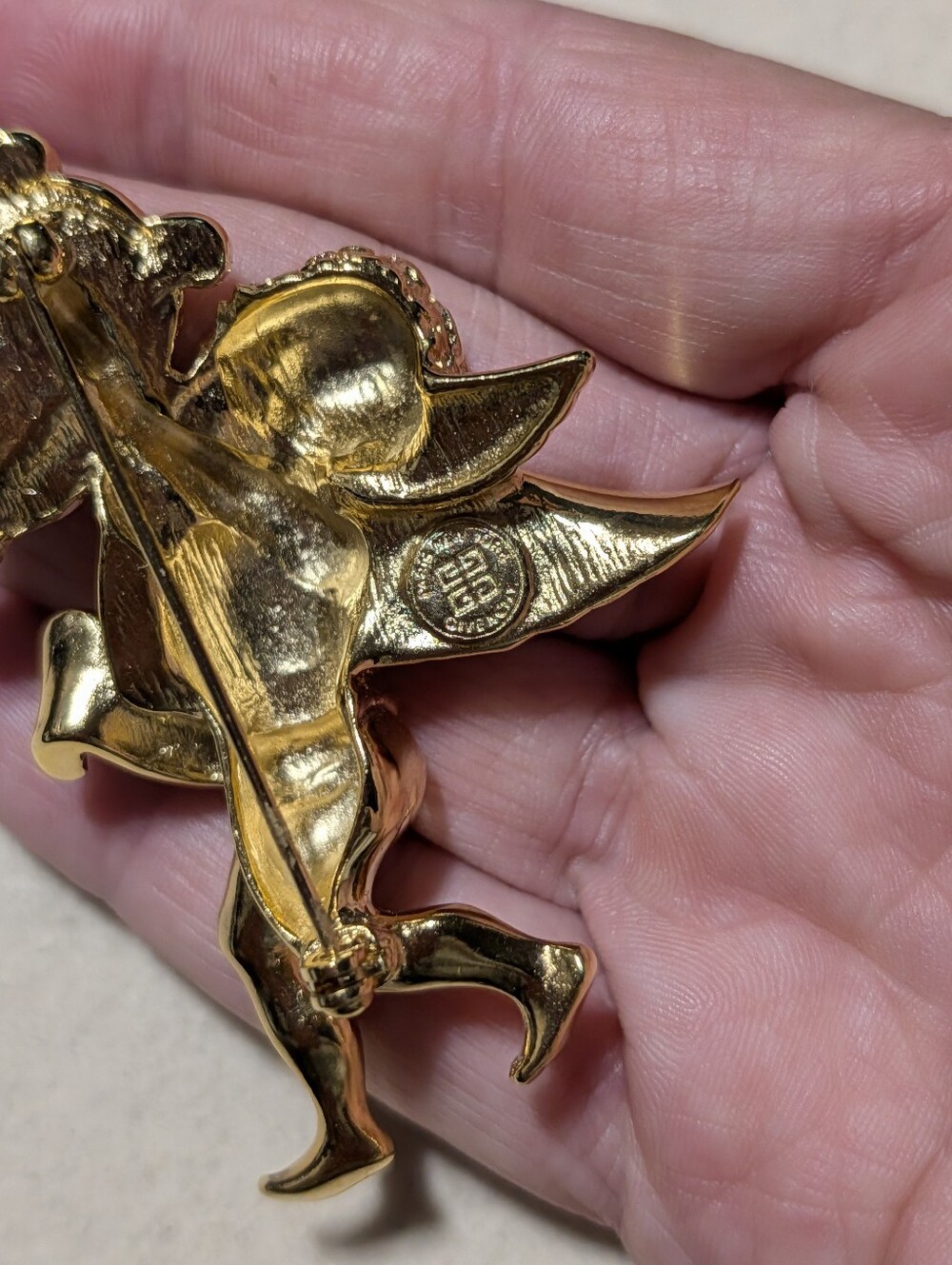 Givenchy Vintage Angel Pin Brooch Cherub Harp Rhinestone Gold Signed - Picture 11 of 14